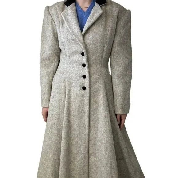 Vintage Womens Cullinane Gray Wool Bow Waist Velvet Collar Trench Coat Jacket S - Picture 10 of 14